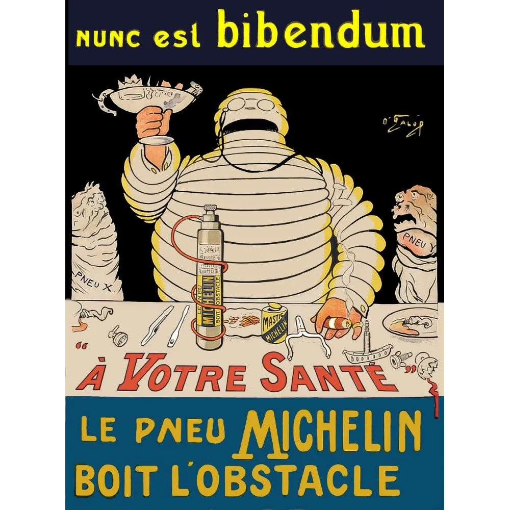 Affiche vintage Michelin Bibendum boit l'obstacle – Pub pneu O'Galop Affiche vintage Michelin Bibendum boit l'obstacle – Pub pneu O'Galop