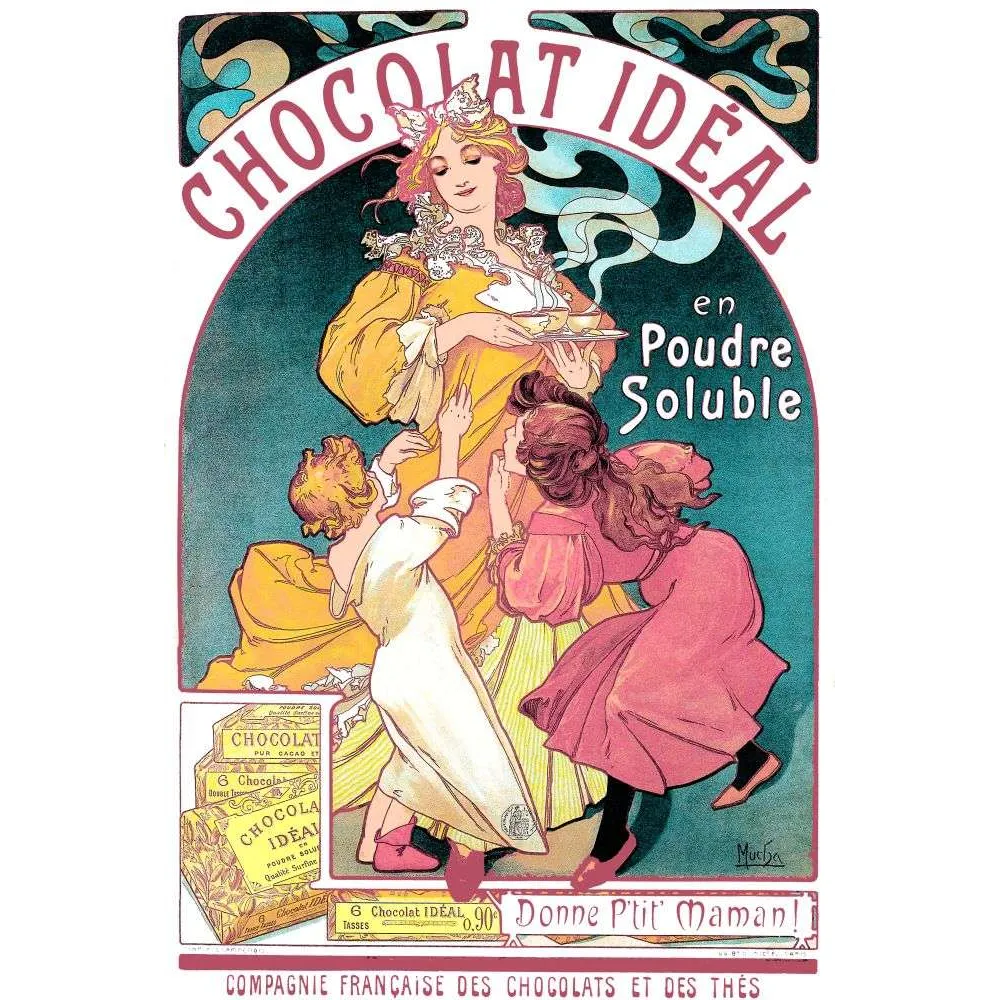 Affiche vintage Chocolat Idéal poudre soluble Mucha – Art Nouveau 1897 Affiche vintage Chocolat Idéal poudre soluble Mucha – Art Nouveau 1897