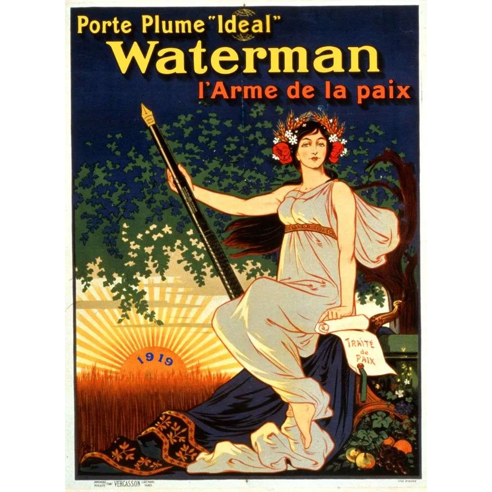 Affiche vintage Waterman Porte-Plume Arme de la Paix 1919 – Pub Art Nouveau Affiche vintage Waterman Porte-Plume Arme de la Paix 1919 – Pub Art Nouveau