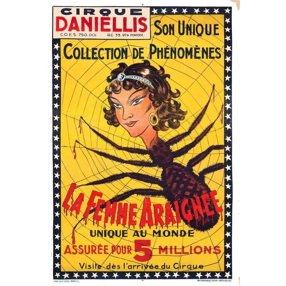Affiche vintage Cirque Daniellis Femme Araignée unique au monde – Cirque XXe