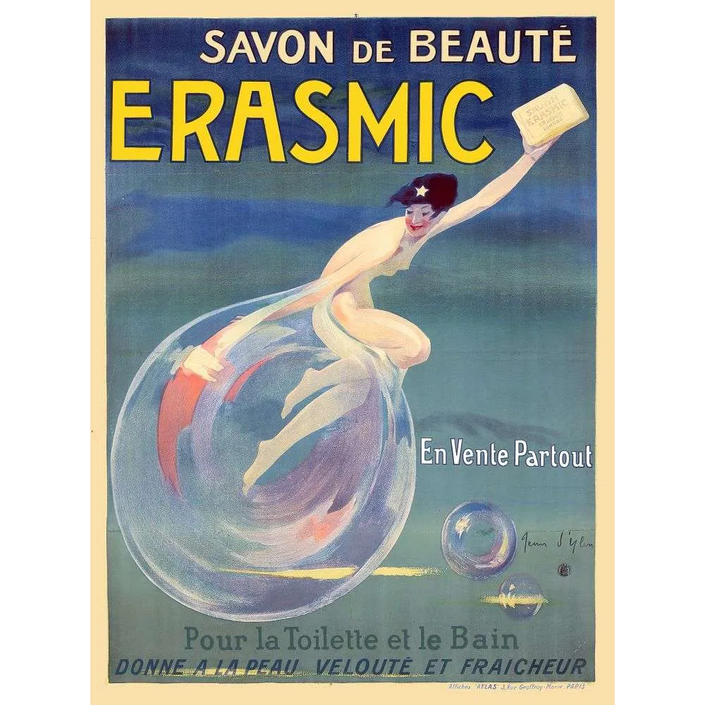 Affiche vintage Savon Erasmic beauté bulle Jean d'Ylen – Pub Art Déco 1920 Affiche vintage Savon Erasmic beauté bulle Jean d'Ylen – Pub Art Déco 1920
