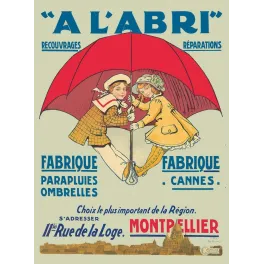 Affiche vintage À l'Abri parapluies Montpellier – Pub enfants parapluie rouge XIXe