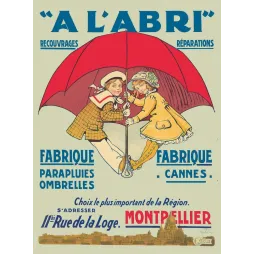 Affiche vintage À l'Abri parapluies Montpellier – Pub enfants parapluie rouge XIXe