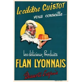 Affiche vintage Flan Lyonnais Cuistot desserts exquis – Pub années 50