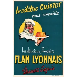 Affiche vintage Flan Lyonnais Cuistot desserts exquis – Pub années 50