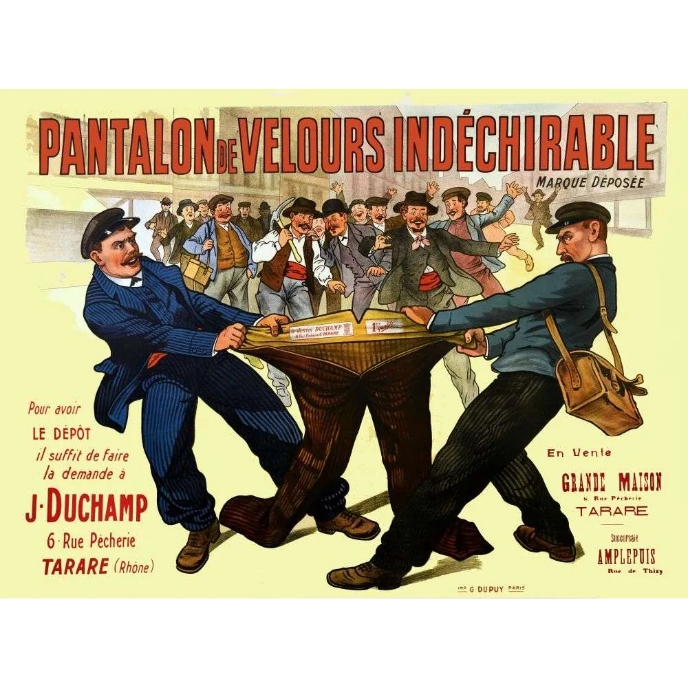 Affiche vintage Pantalon Velours Indéchirable Duchamp Tarare – Pub textile XIXe Affiche vintage Pantalon Velours Indéchirable Duchamp Tarare – Pub textile XIXe