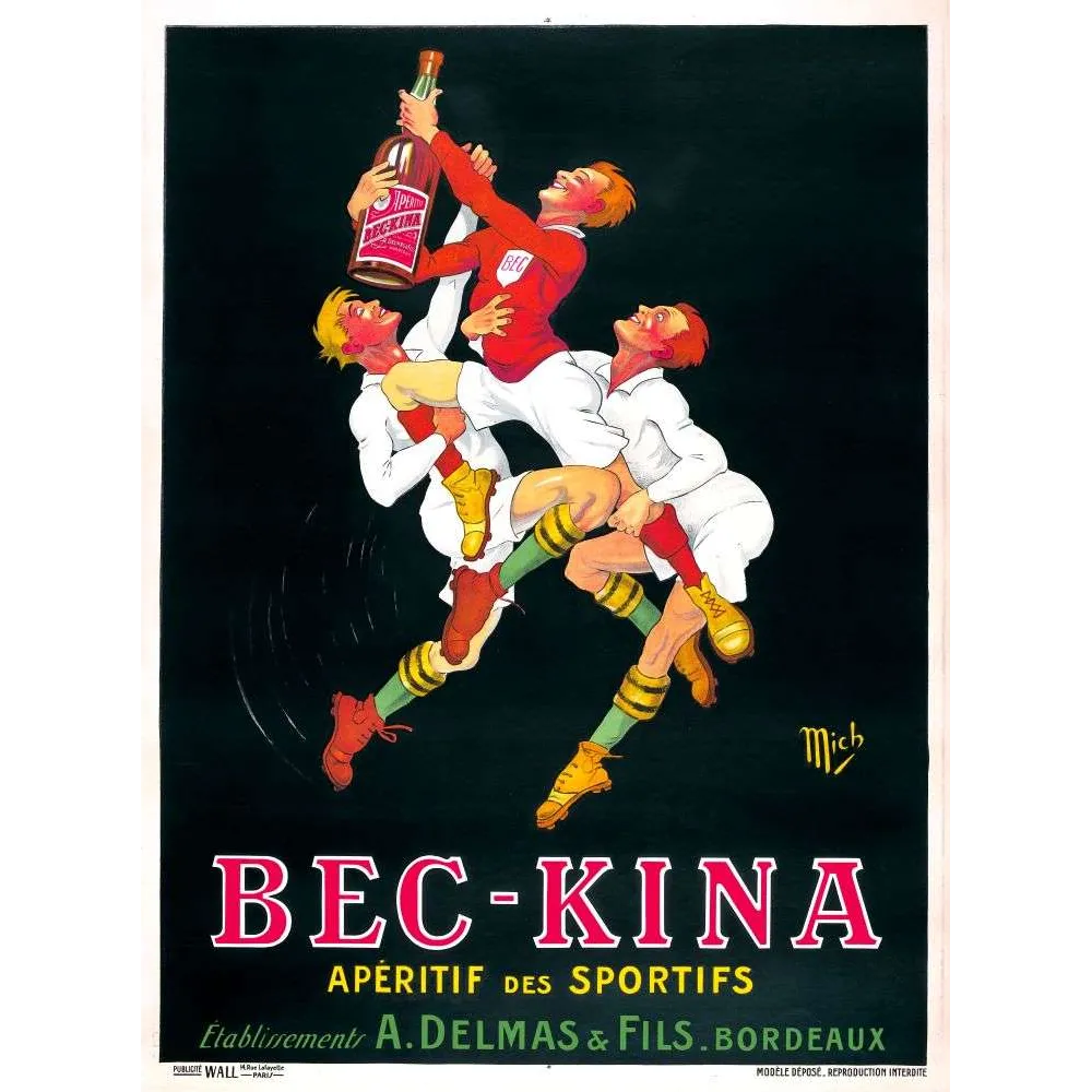 Affiche vintage Bec-Kina apéritif sportifs Delmas Bordeaux – Pub rugby 1920