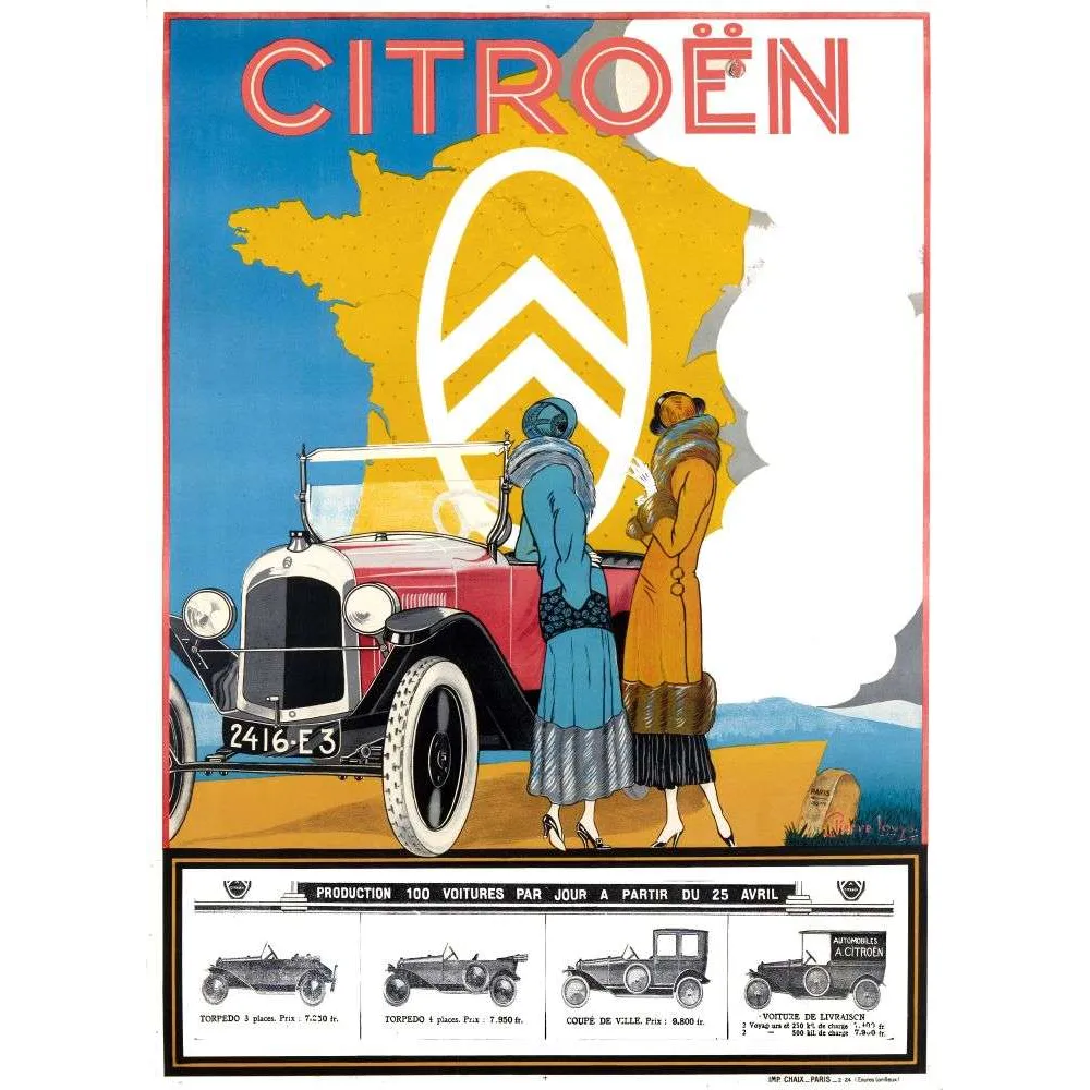 Affiche vintage Citroën 100 voitures par jour Art Déco – Pub automobile 1920 Affiche vintage Citroën 100 voitures par jour Art Déco – Pub automobile 1920
