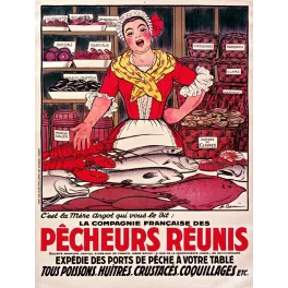 Affiche vintage Pêcheurs Réunis poissons huîtres Paris – Pub mer XXe siècle