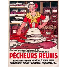 Affiche vintage Pêcheurs Réunis poissons huîtres Paris – Pub mer XXe siècle