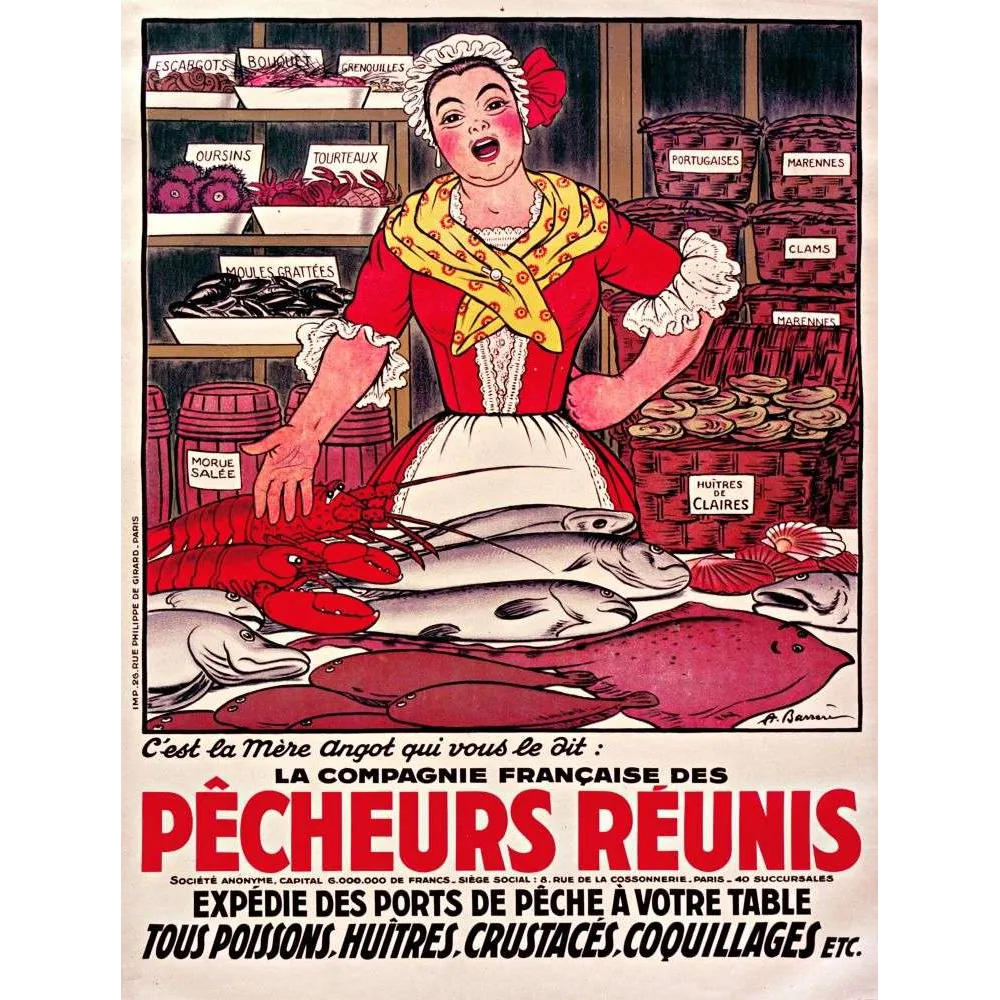 Affiche vintage Pêcheurs Réunis poissons huîtres Paris – Pub mer XXe siècle