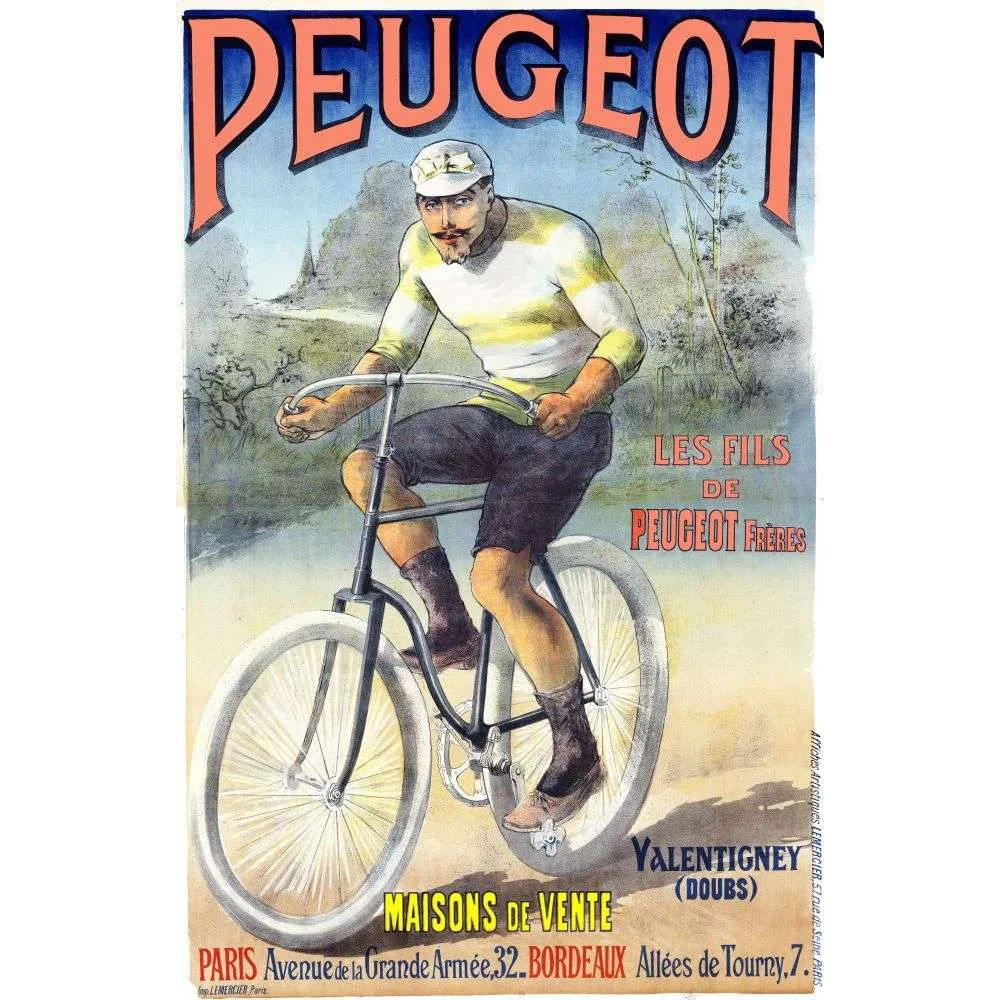 Affiche vintage Peugeot Cycles Fils Peugeot Frères Valentigney – Vélo XIXe
