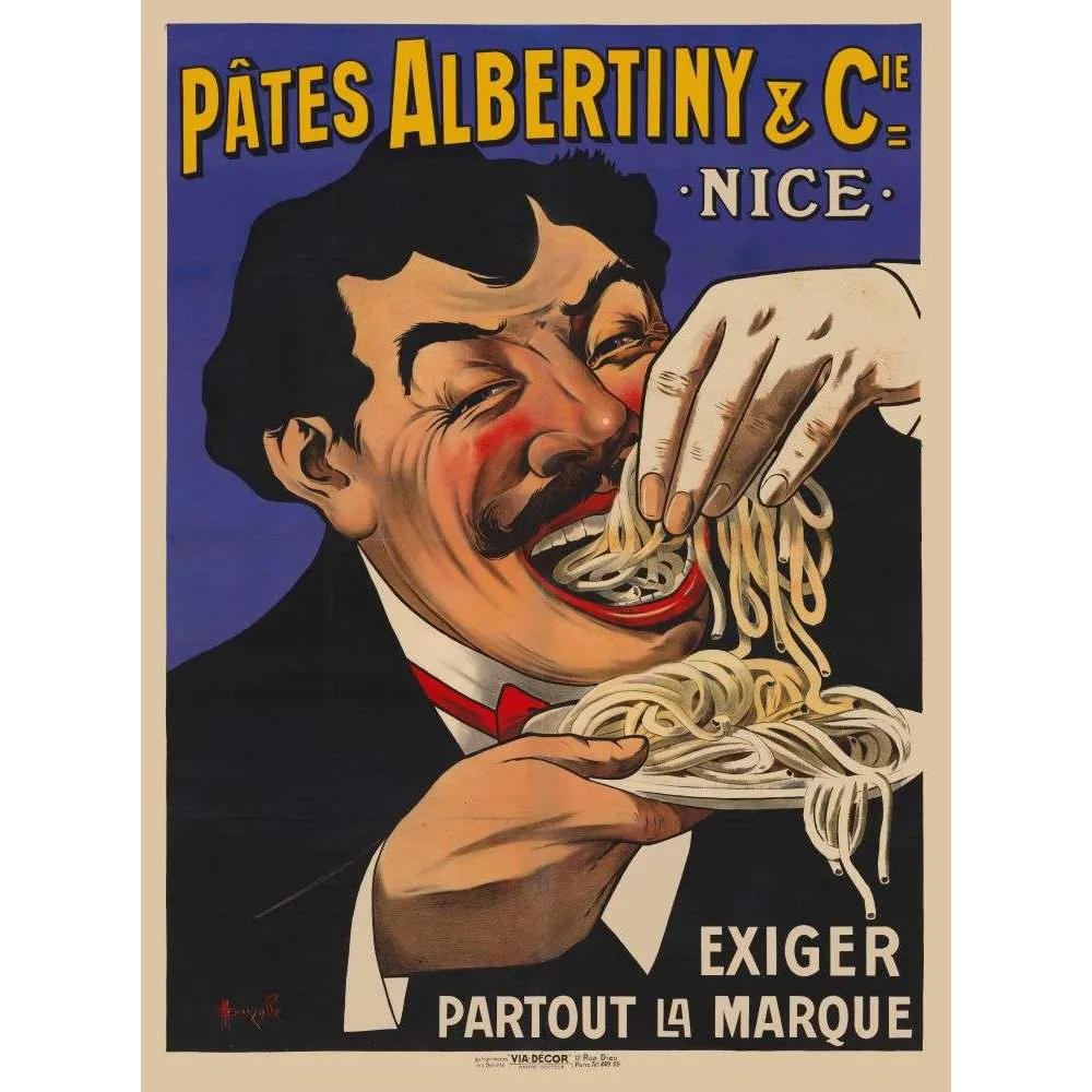 Affiche vintage Pâtes Albertiny Nice – Pub alimentaire caricature fin XIXe Affiche vintage Pâtes Albertiny Nice – Pub alimentaire caricature fin XIXe