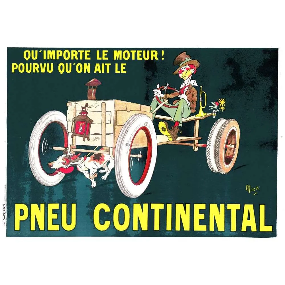 Affiche vintage Pneu Continental Mich voiture fantaisiste – Pub pneu XXe siècle