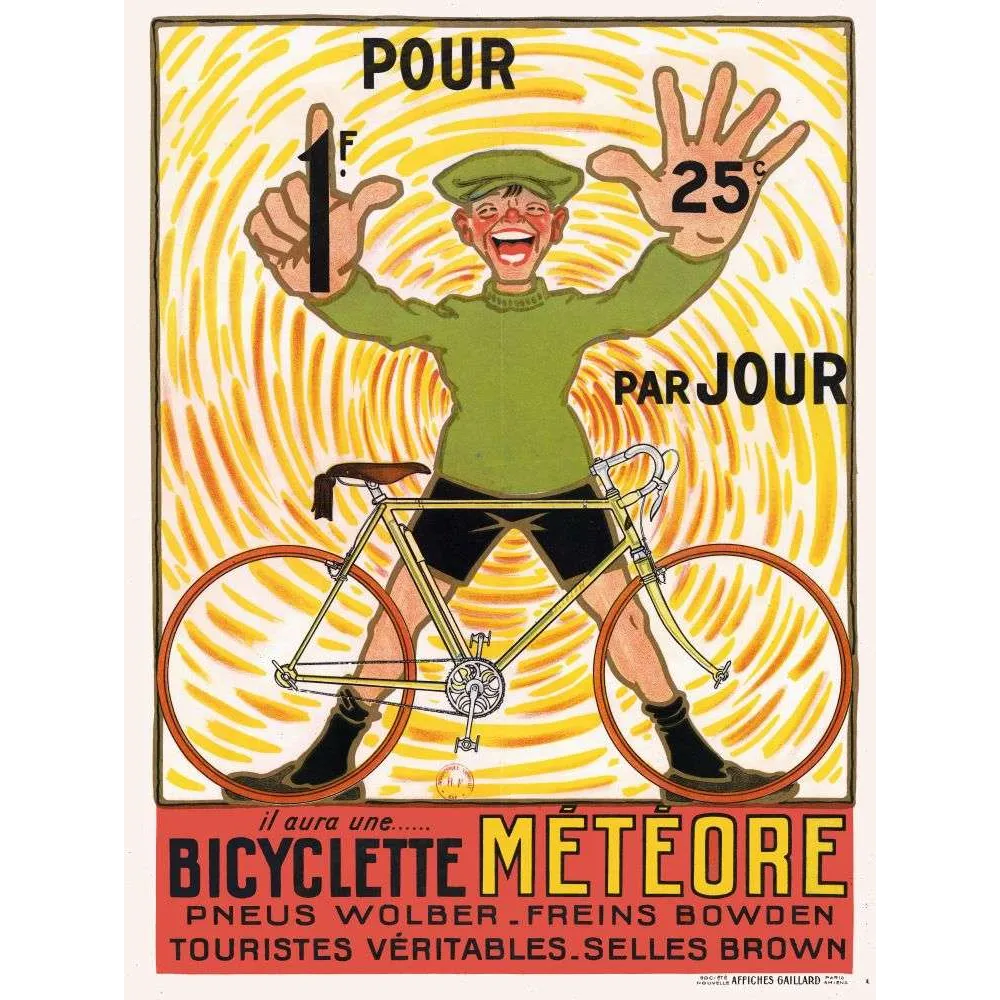 Affiche vintage Bicyclette Météore 1 franc 25 par jour – Pub vélo XXe siècle Affiche vintage Bicyclette Météore 1 franc 25 par jour – Pub vélo XXe siècle