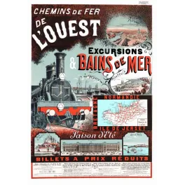 Affiche vintage Chemins de Fer de l'Ouest bains de mer Normandie – Train XIXe