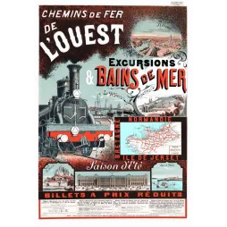 Affiche vintage Chemins de Fer de l'Ouest bains de mer Normandie – Train XIXe