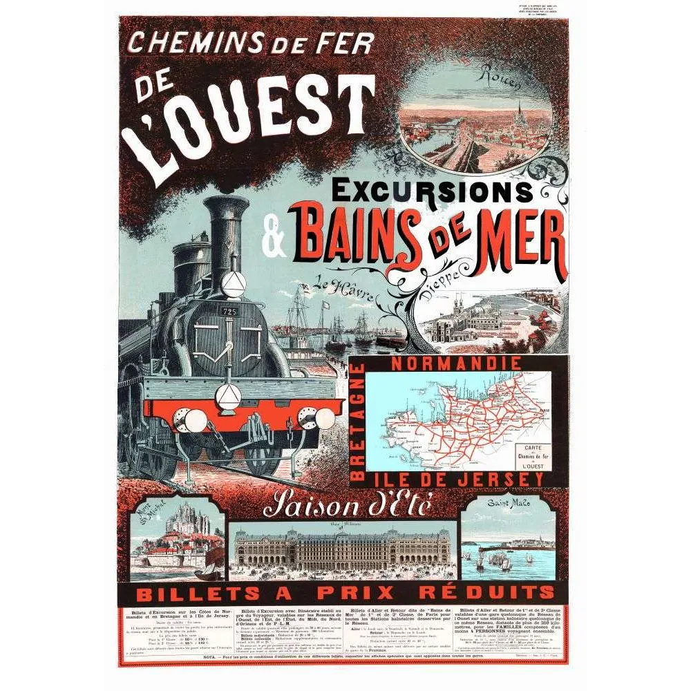 Affiche vintage Chemins de Fer de l'Ouest bains de mer Normandie – Train XIXe