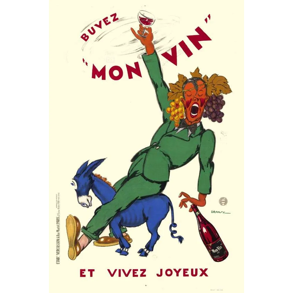 Affiche vintage Mon Vin buvez vivez joyeux Dransy – Pub vin années 1930 Affiche vintage Mon Vin buvez vivez joyeux Dransy – Pub vin années 1930