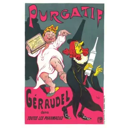 Affiche vintage Purgatif Géraudel pharmacies – Pub santé caricature Belle Époque