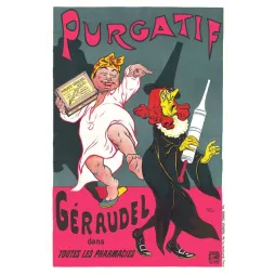 Affiche vintage Purgatif Géraudel pharmacies – Pub santé caricature Belle Époque
