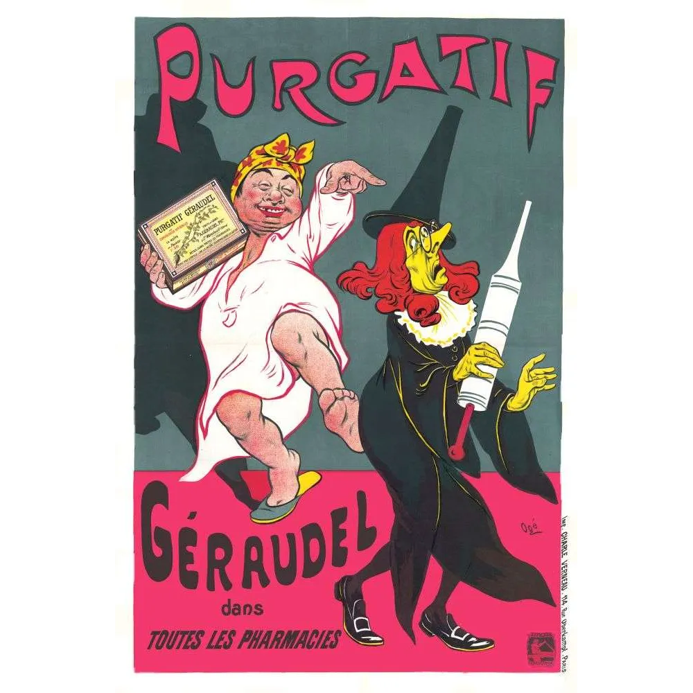 Affiche vintage Purgatif Géraudel pharmacies – Pub santé caricature Belle Époque Affiche vintage Purgatif Géraudel pharmacies – Pub santé caricature Belle Époque
