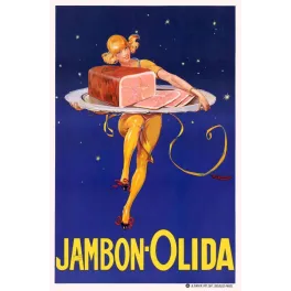 Affiche vintage Jambon Olida femme dorée ciel étoilé – Pub charcuterie 1930