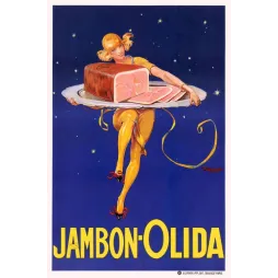 Affiche vintage Jambon Olida femme dorée ciel étoilé – Pub charcuterie 1930