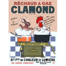Affiche vintage Réchaud Clamond lapin coq bien cuits – Pub gaz cuisine Paris