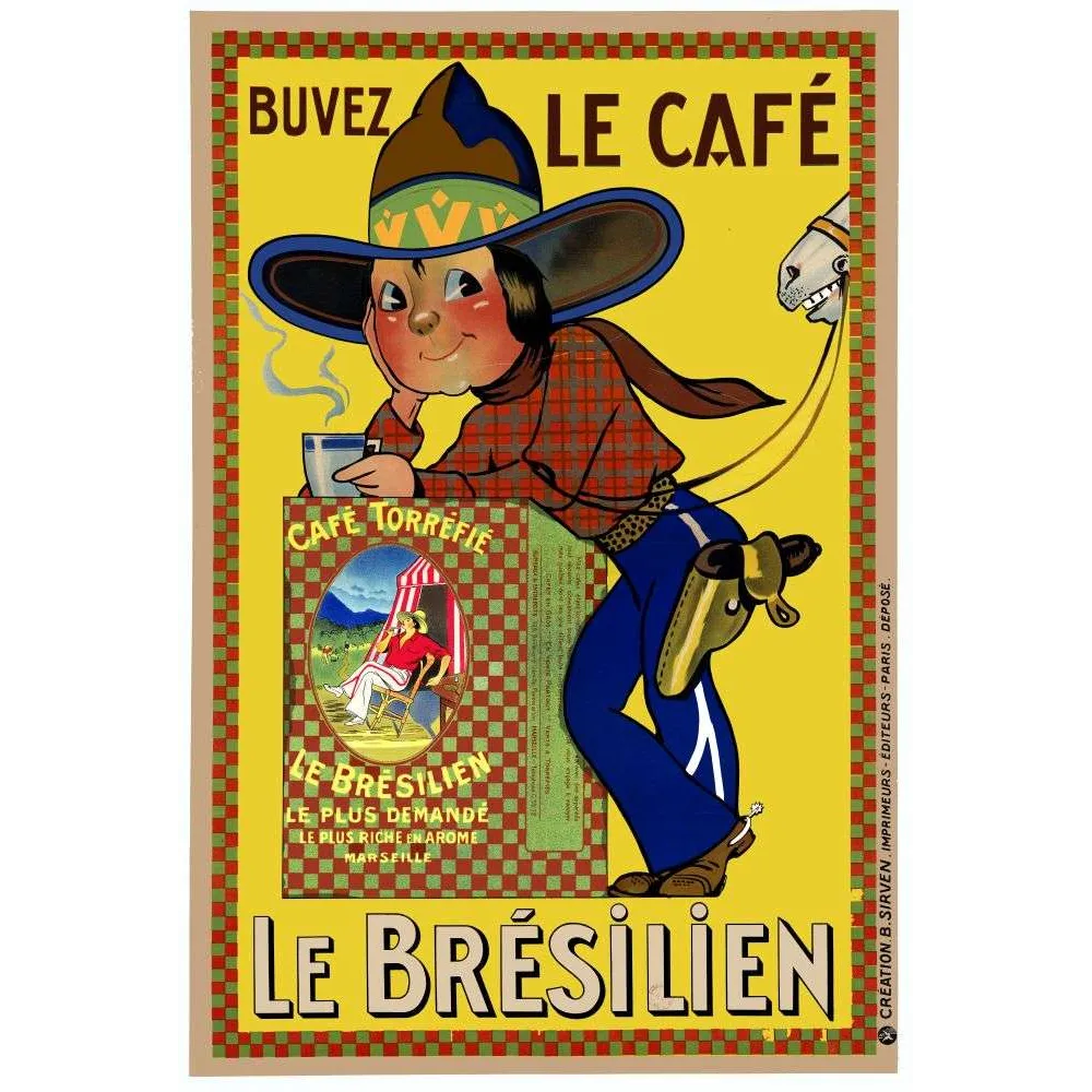 Affiche vintage Café Brésilien Marseille gaucho – Pub café torréfié 1930 Affiche vintage Café Brésilien Marseille gaucho – Pub café torréfié 1930