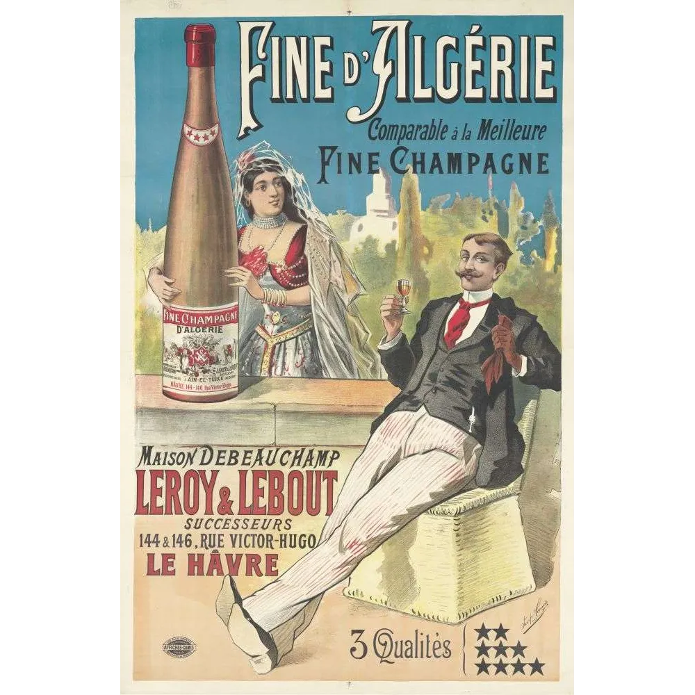 Affiche vintage Fine d'Algérie Leroy Lebout Le Havre – Pub spiritueux XIXe