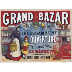 Affiche vintage Grand Bazar Le Havre ouverture prix fixe – Commerce XIXe siècle