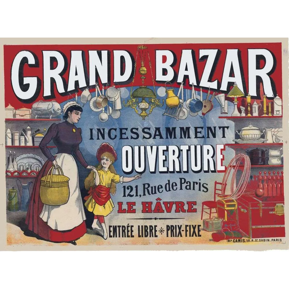 Affiche vintage Grand Bazar Le Havre ouverture prix fixe – Commerce XIXe siècle