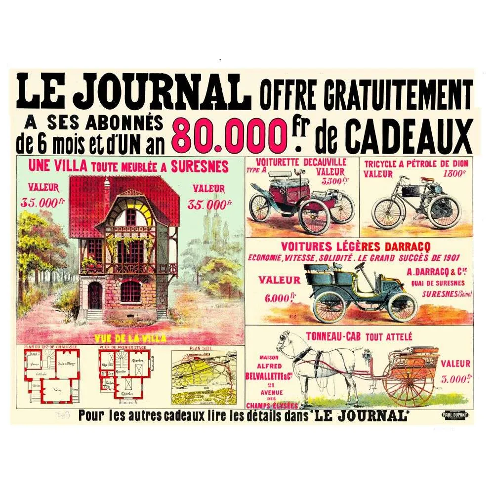 Document vintage Le Journal 80 000 francs cadeaux abonnés 1901 – Presse auto Document vintage Le Journal 80 000 francs cadeaux abonnés 1901 – Presse auto
