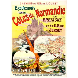 Affiche vintage Chemins de Fer Ouest Normandie Bretagne Jersey – Tourisme XIXe