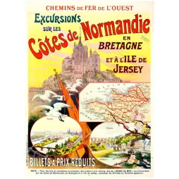 Affiche vintage Chemins de Fer Ouest Normandie Bretagne Jersey – Tourisme XIXe