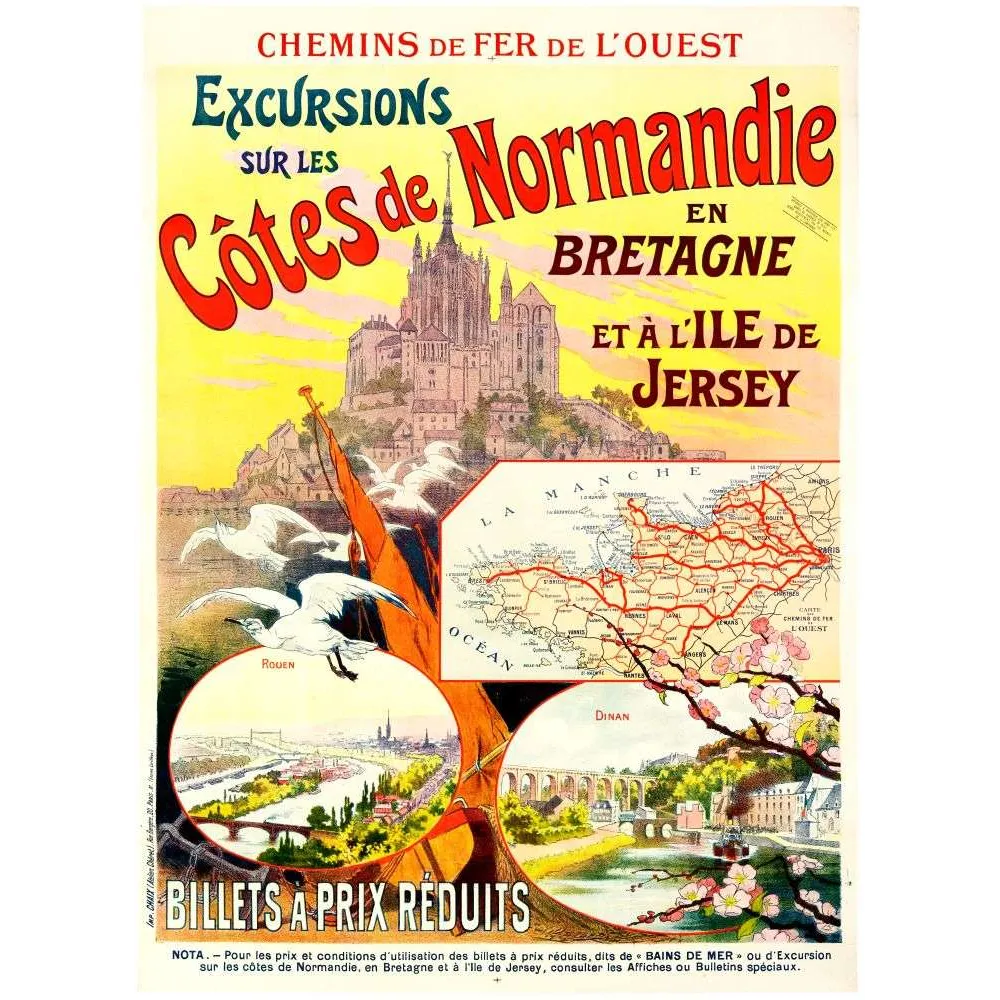 Affiche vintage Chemins de Fer Ouest Normandie Bretagne Jersey – Tourisme XIXe Affiche vintage Chemins de Fer Ouest Normandie Bretagne Jersey – Tourisme XIXe