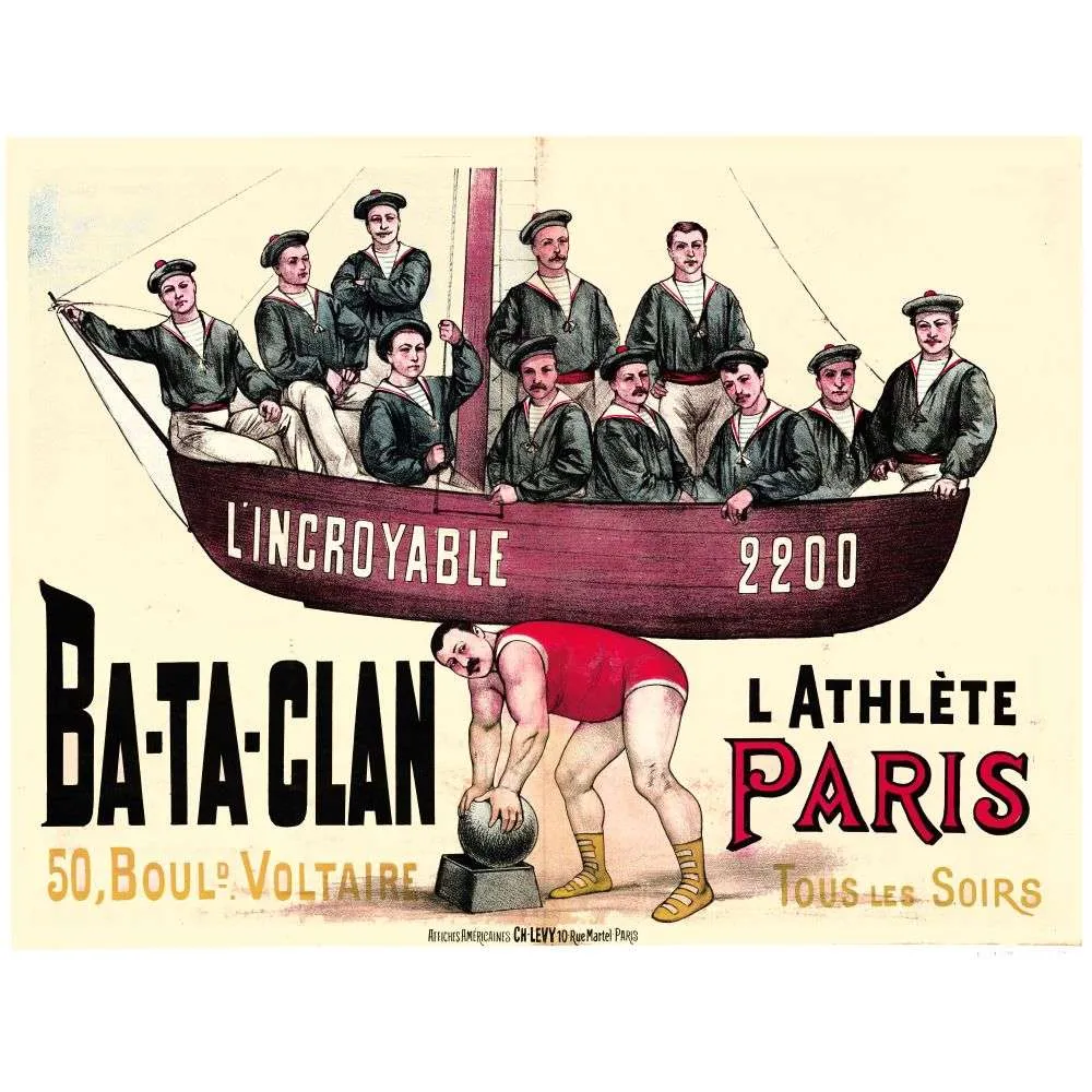Affiche vintage Ba-Ta-Clan athlète Paris barque marins force – Spectacle XIXe Affiche vintage Ba-Ta-Clan athlète Paris barque marins force – Spectacle XIXe