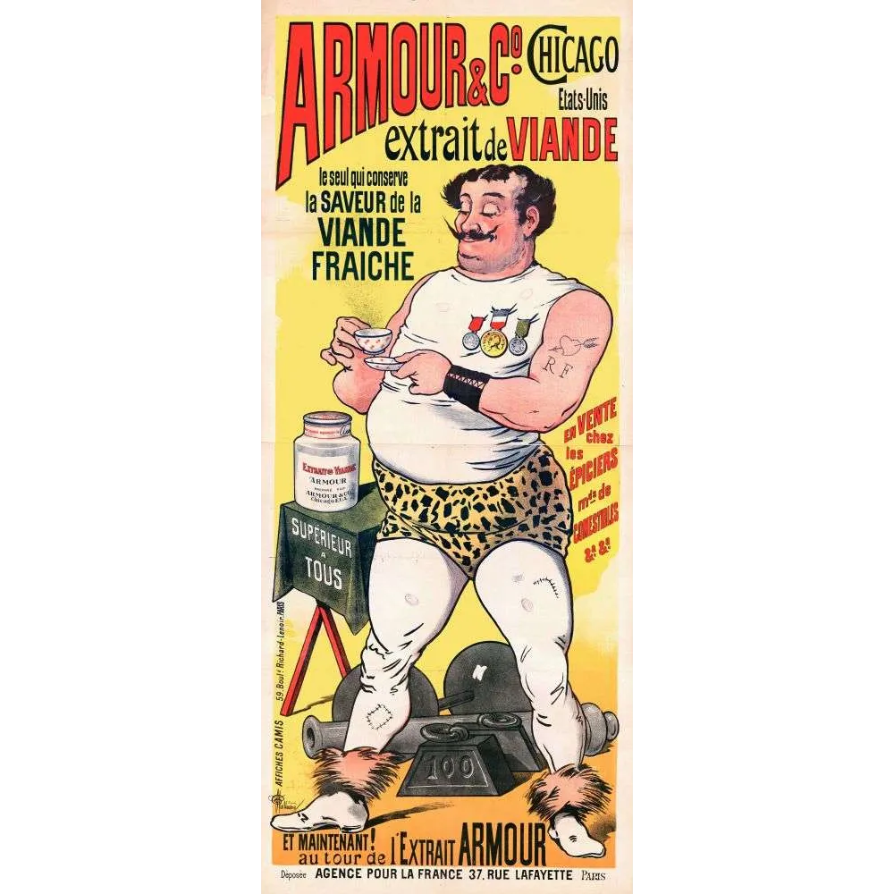 Affiche vintage Extrait Viande Armour Chicago lutteur force – Pub alimentaire XIXe Affiche vintage Extrait Viande Armour Chicago lutteur force – Pub alimentaire XIXe