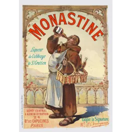 Affiche vintage Monastine liqueur abbaye Saint-Gratien moine Paris – Pub XIXe
