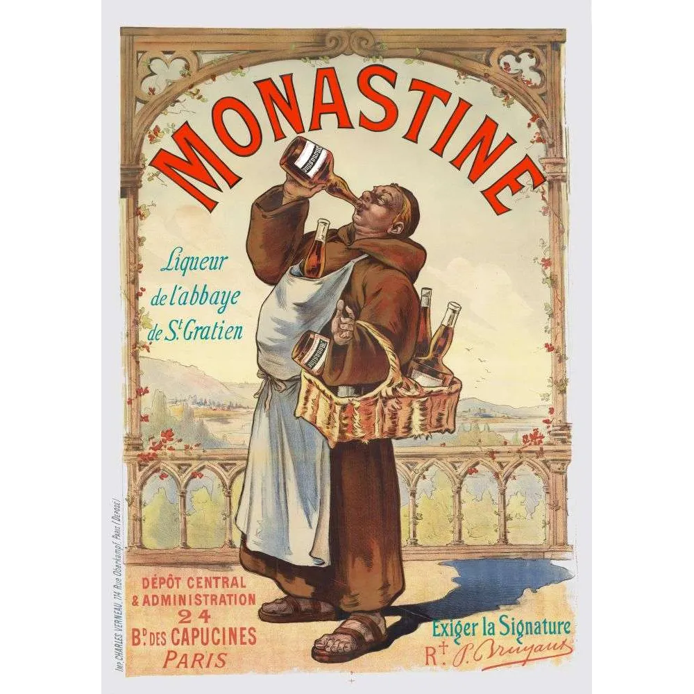 Affiche vintage Monastine liqueur abbaye Saint-Gratien moine Paris – Pub XIXe