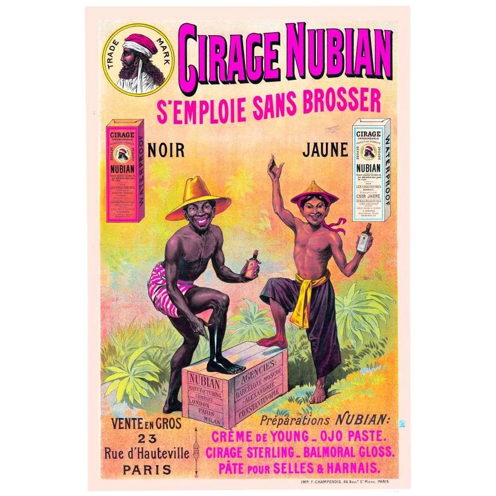 Affiche vintage Cirage Nubian sans brosser noir jaune Paris – Pub entretien XIXe Affiche vintage Cirage Nubian sans brosser noir jaune Paris – Pub entretien XIXe