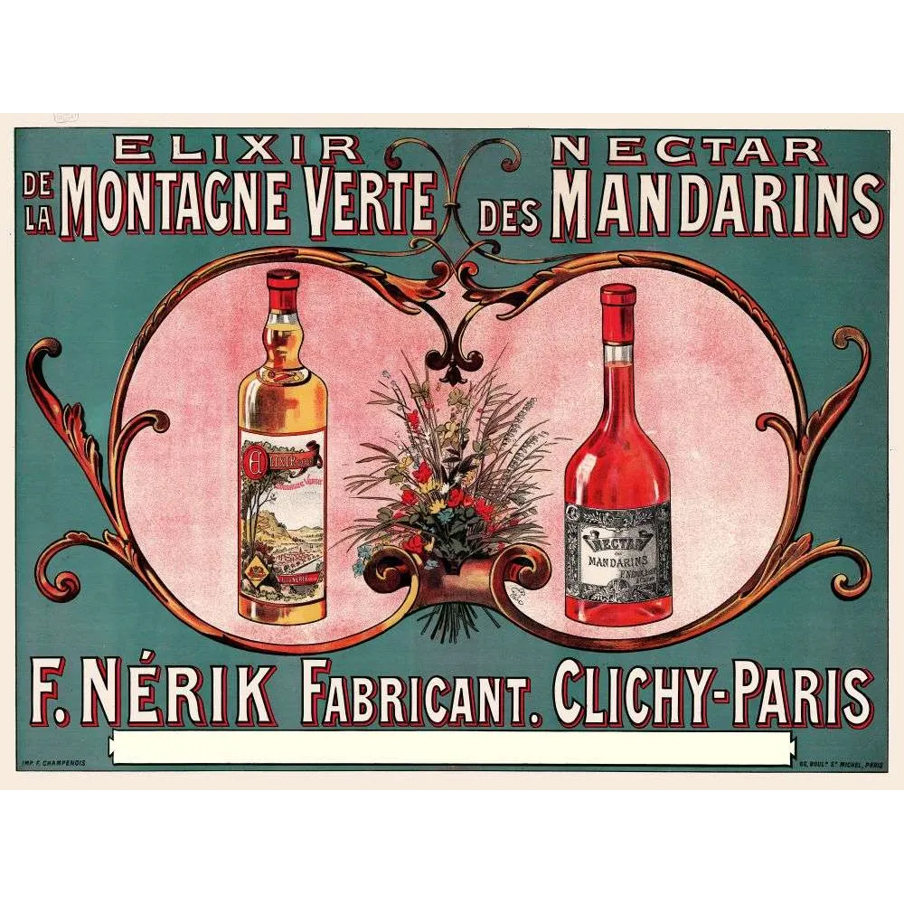 Affiche vintage Élixir Montagne Verte Nectar Mandarins Nérik Clichy – Pub liqueur XIXe Affiche vintage Élixir Montagne Verte Nectar Mandarins Nérik Clichy – Pub liqueur XIXe
