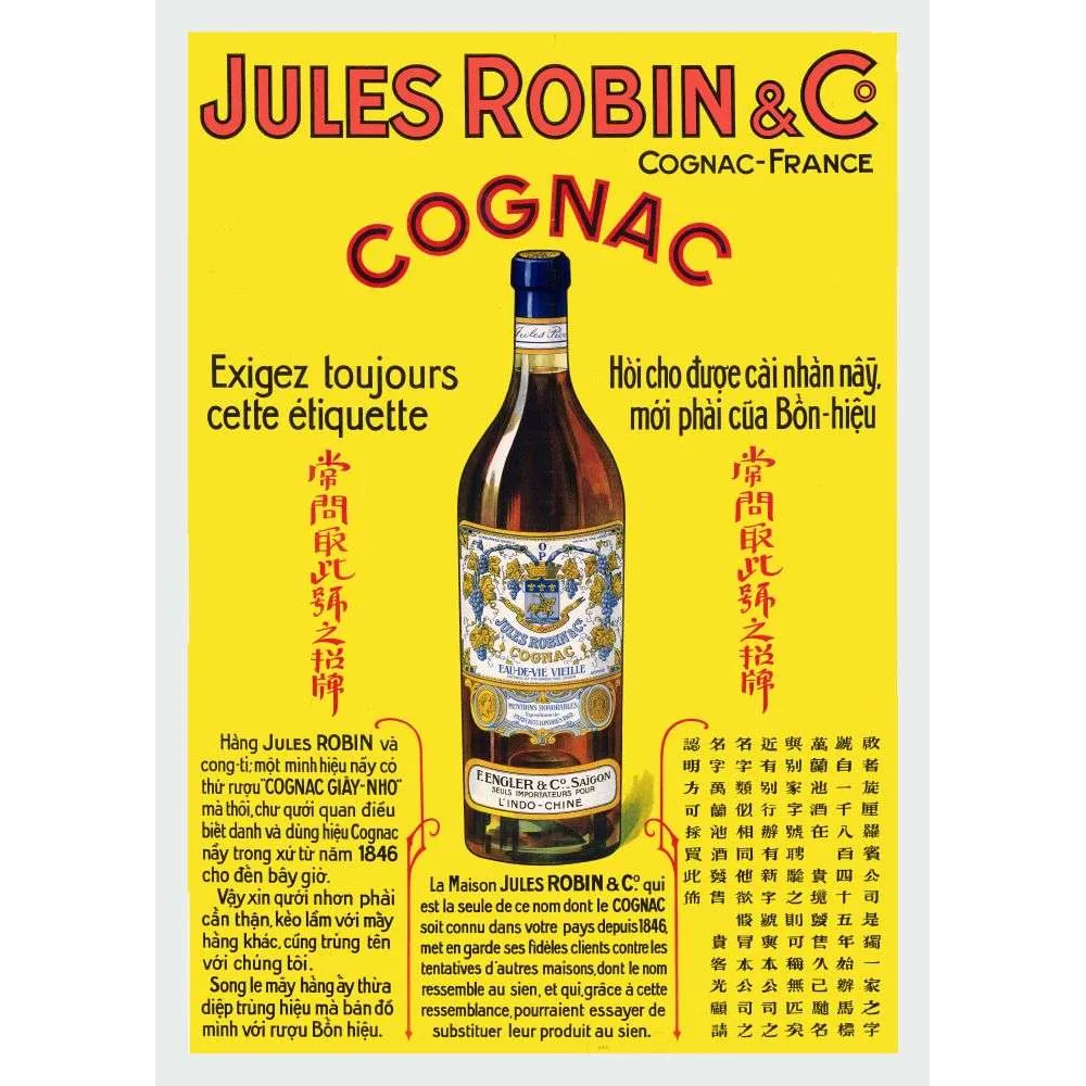 Affiche vintage Cognac Jules Robin Indochine trilingue – Pub export XIXe siècle Affiche vintage Cognac Jules Robin Indochine trilingue – Pub export XIXe siècle