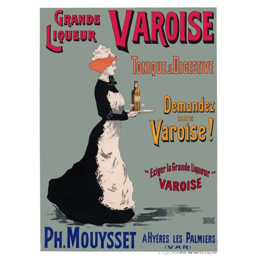 Affiche vintage Liqueur Varoise Mouysset Hyères – Pub digestif Var XIXe siècle