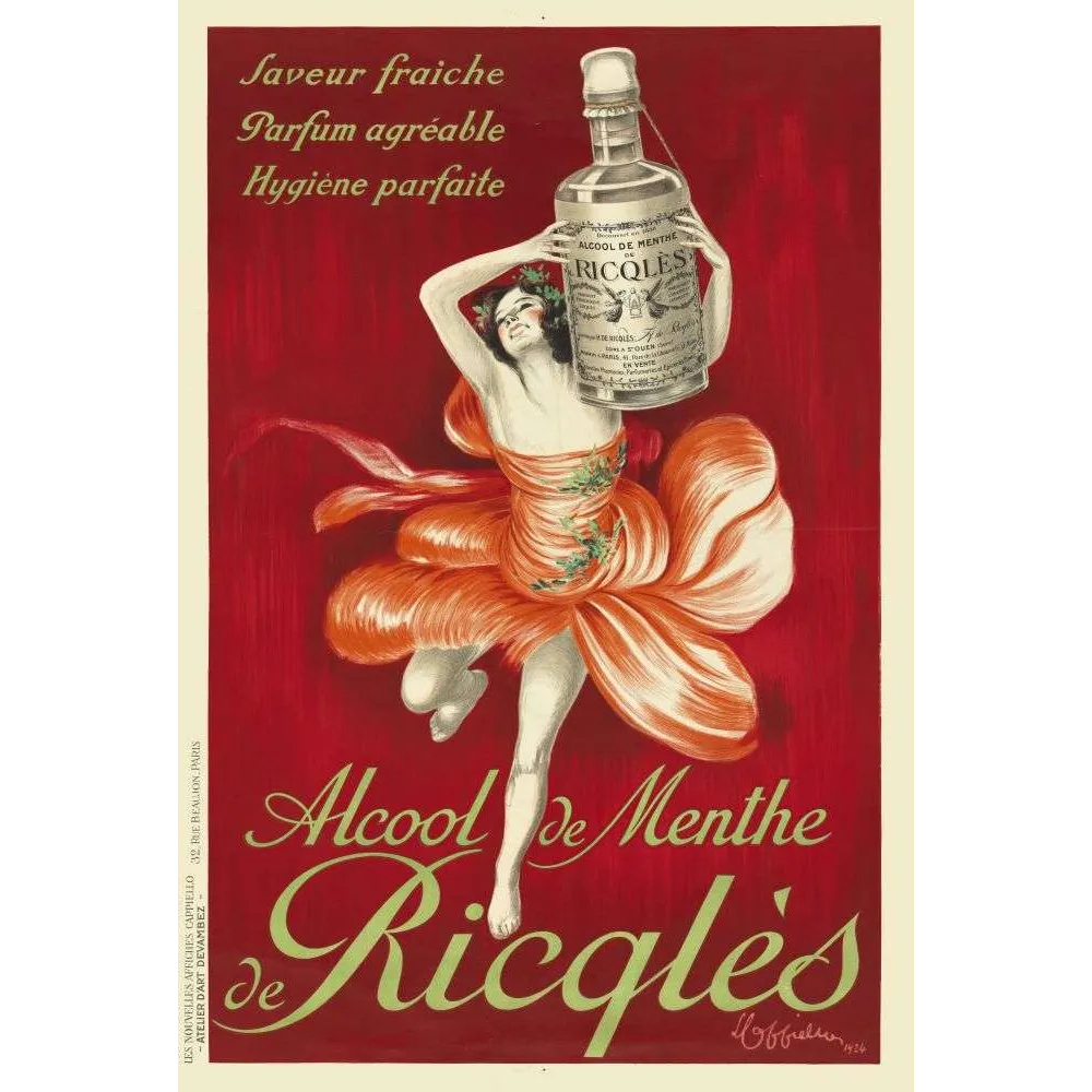 Affiche vintage Alcool Menthe Ricqlès danseuse Cappiello 1926 – Pub hygiène Affiche vintage Alcool Menthe Ricqlès danseuse Cappiello 1926 – Pub hygiène