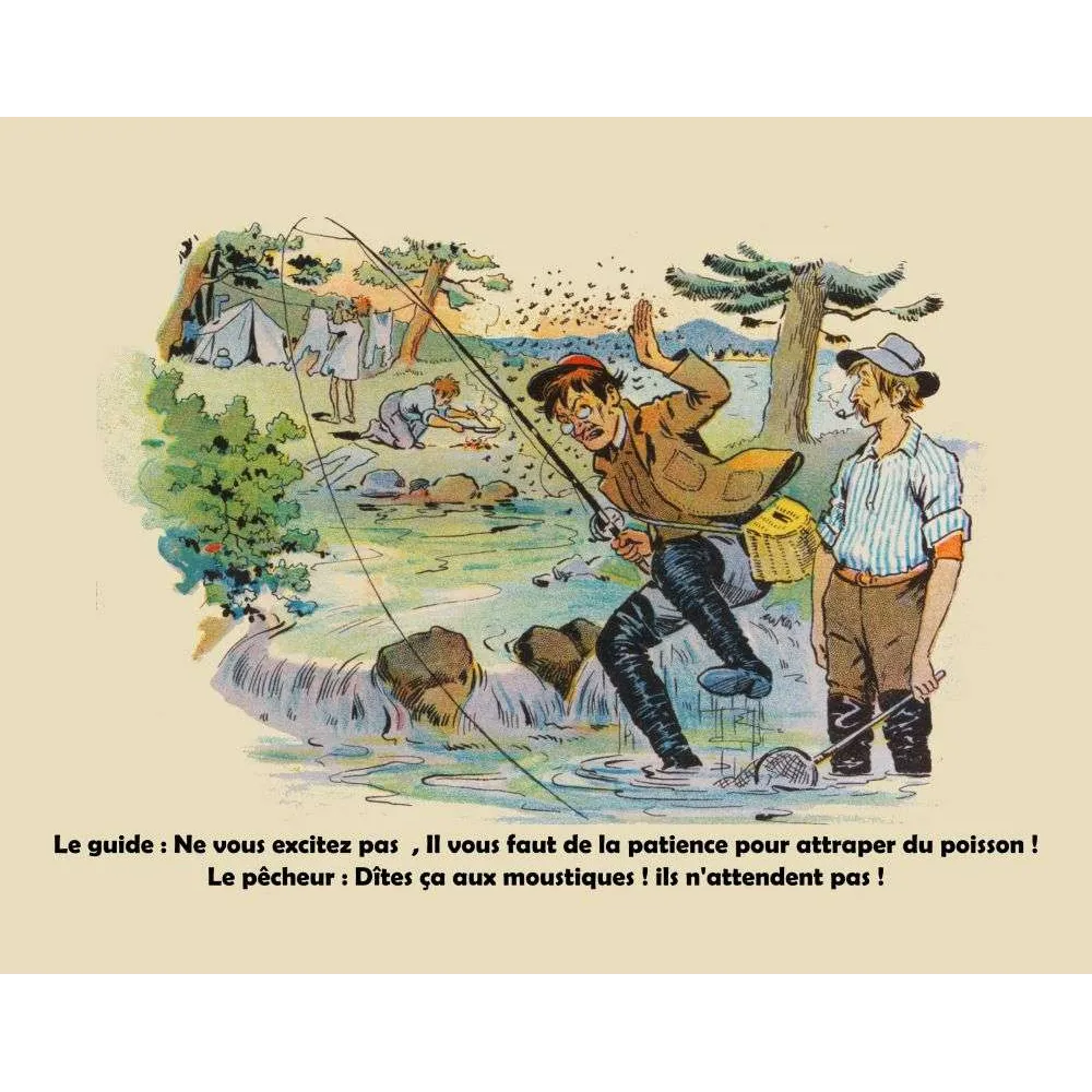 La Pêche et les Moustiques – Illustration humoristique vintage variante