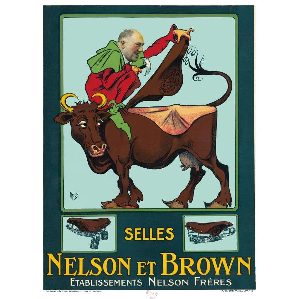 Pub vintage Selles Nelson et Brown – Cycles humour début XXe Pub vintage Selles Nelson et Brown – Cycles humour début XXe