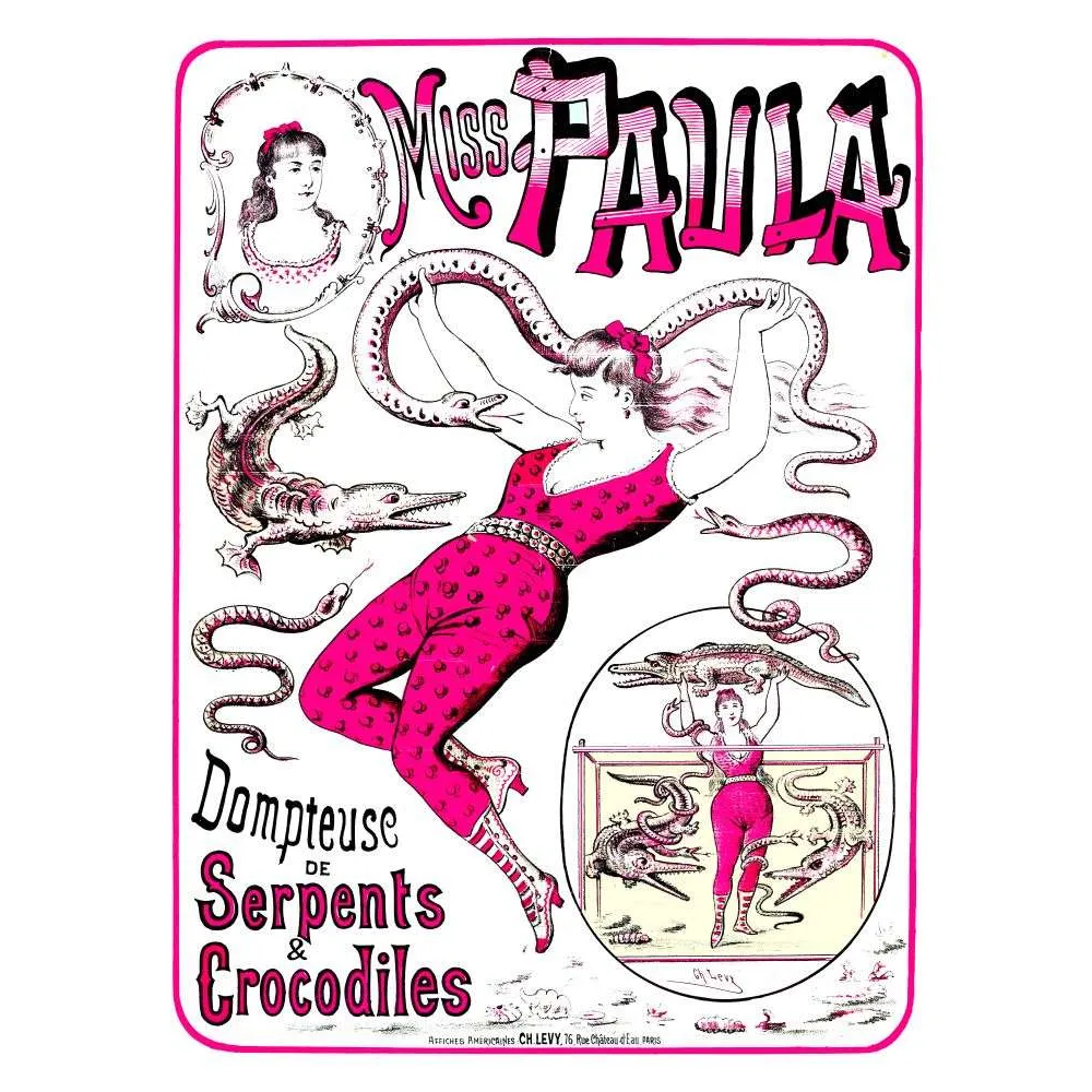 Affiche ancienne Miss Paula – Dompteuse serpents cirque Affiche ancienne Miss Paula – Dompteuse serpents cirque
