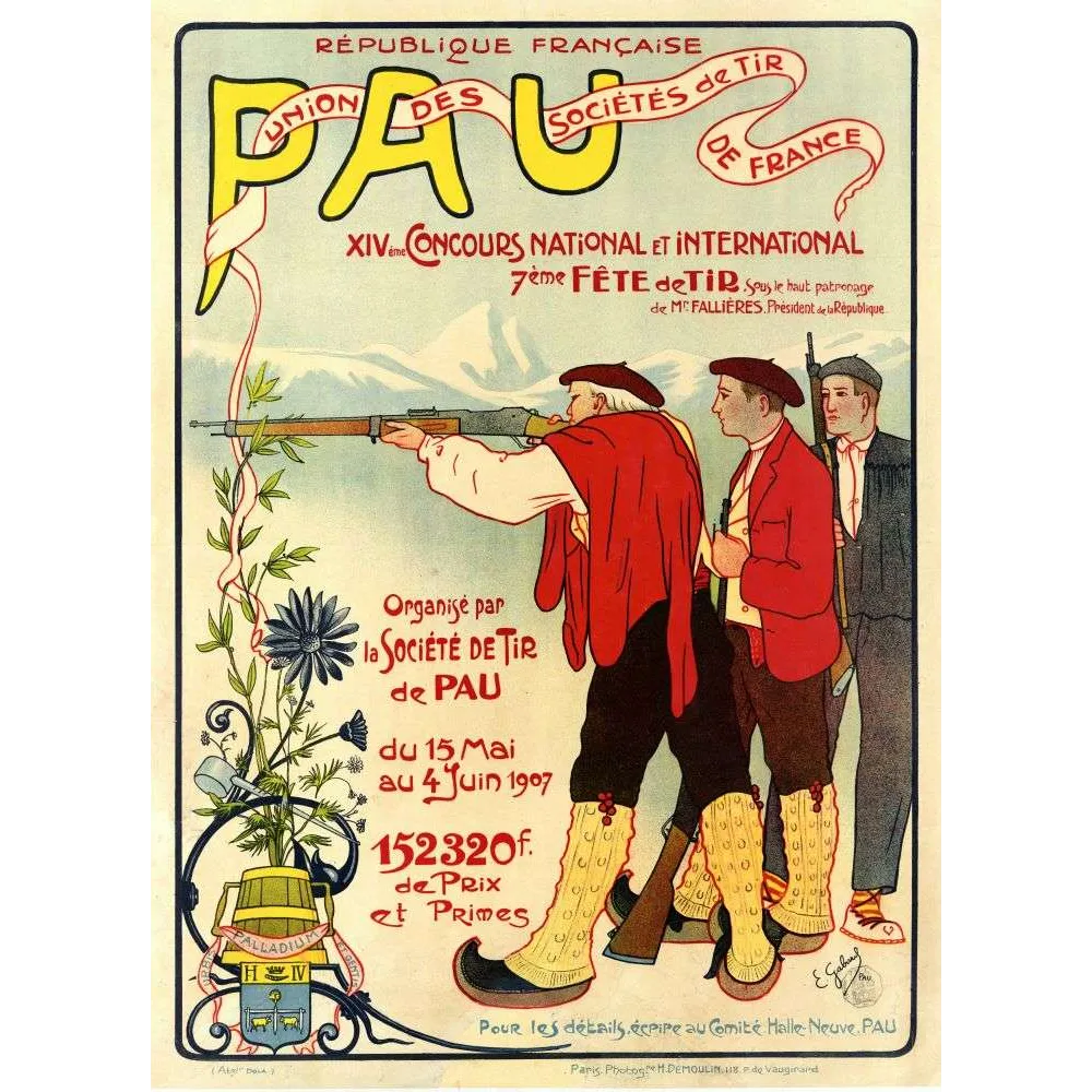 Affiche ancienne Concours de Tir Pau 1907 – République Française Affiche ancienne Concours de Tir Pau 1907 – République Française